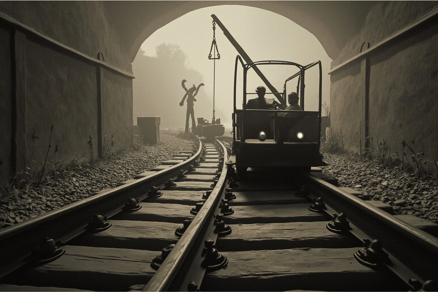 A runaway trolley on train tracks approaching a fork, with a lever and shadowy figures in the distance, symbolic style
