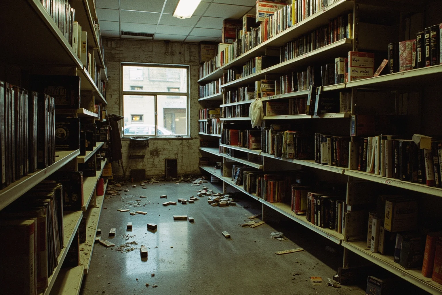 A rundown 1990s video rental store interior with empty shelves and scattered VHS tapes