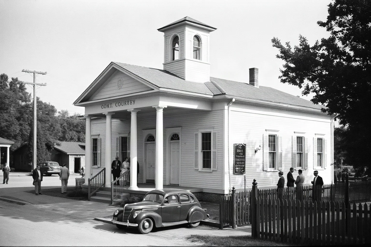 A rural Alabama courthouse during the 1930s Depression era, with townspeople gathered outside