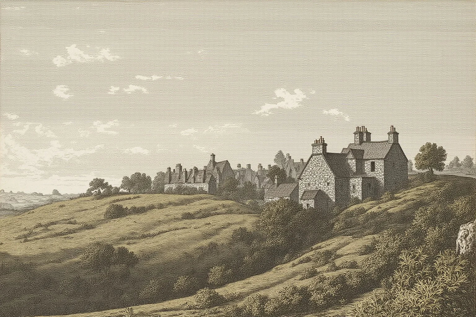 Familiars: The Long, Strange History of the Witch's Animal Companion 16 A rural Lancashire hillside with small stone cottages under a grey sky, 17th-century historical illustration