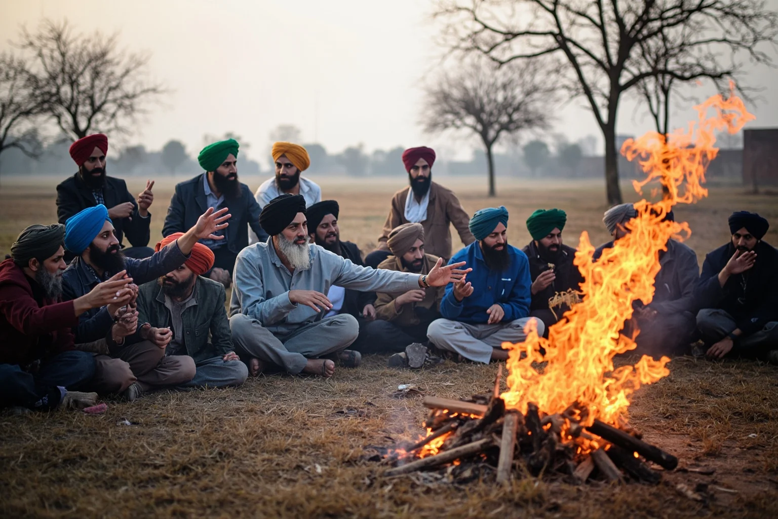 A rural Punjabi community gathered around a bonfire tossing seeds during a winter harvest festival