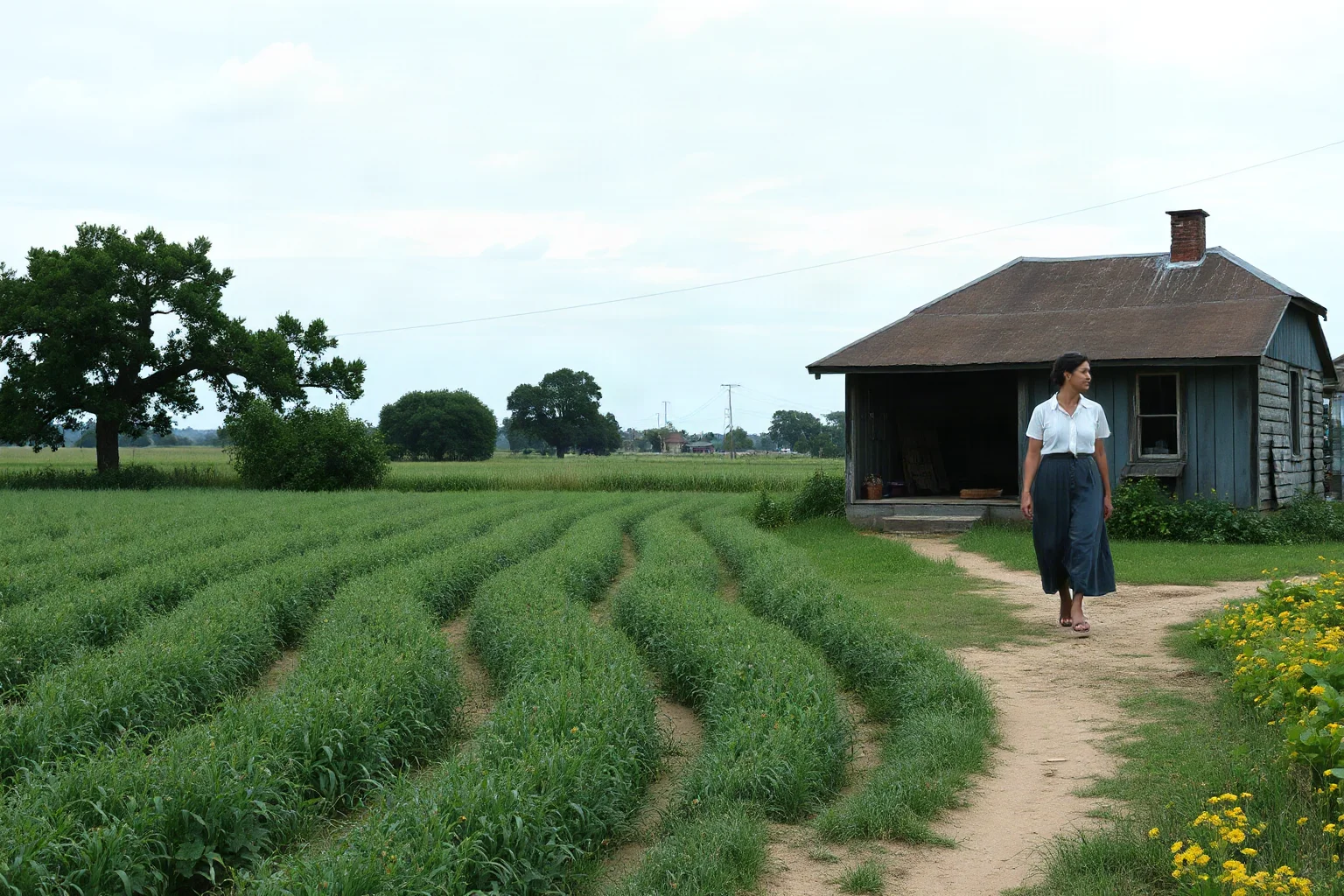A rural Southern landscape with a woman in a simple dress walking through fields or standing in a modest home