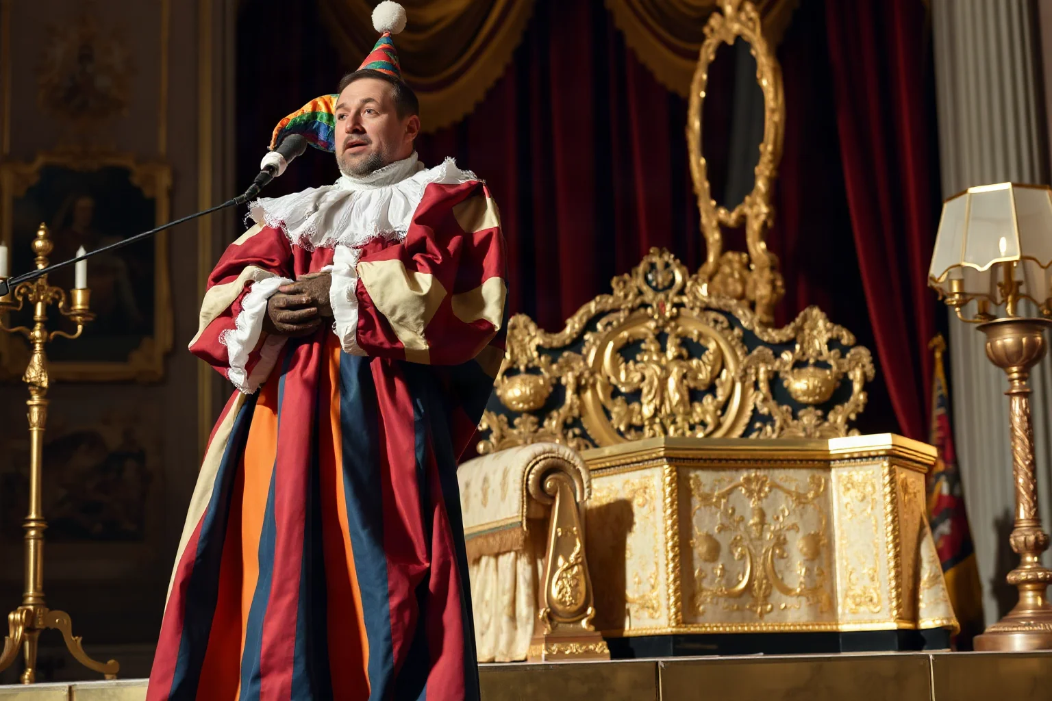 A Russian court jester in colorful robes performing an antic before an imperial throne in a St. Petersburg palace