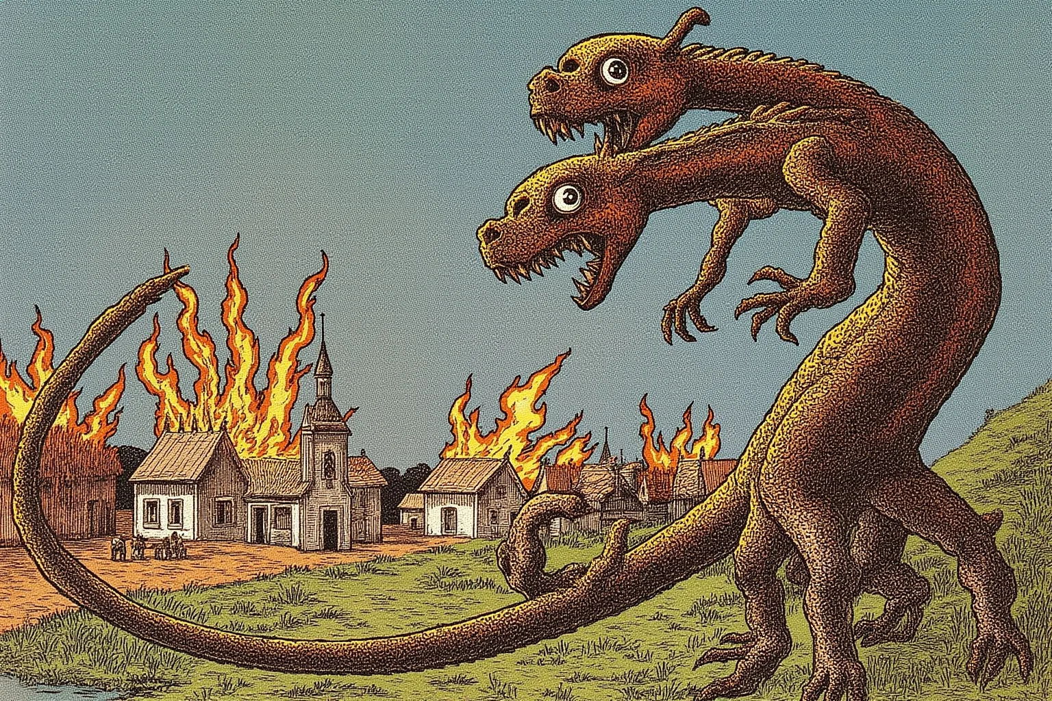 Famous Dragons Throughout History: Myths, Legends, and the Real Stories Behind Them 15 A Russian folktale-style illustration of a three-headed fire-breathing dragon looming over a village