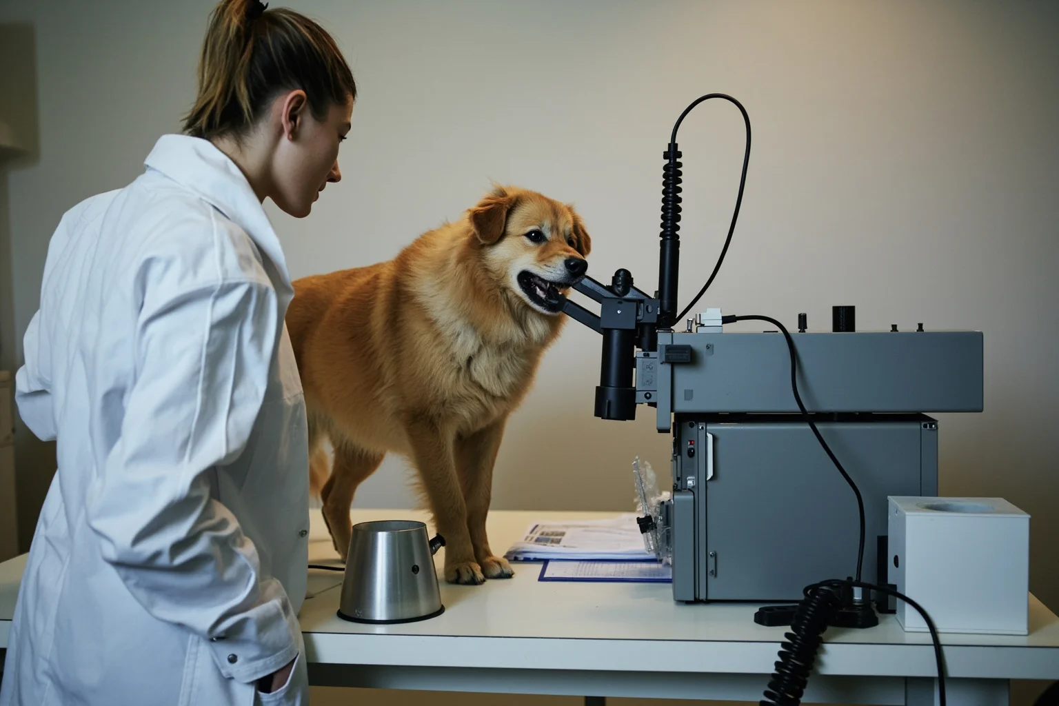 A Russian laboratory with a dog being studied, scientific instruments, and a scientist observing behavioral responses
