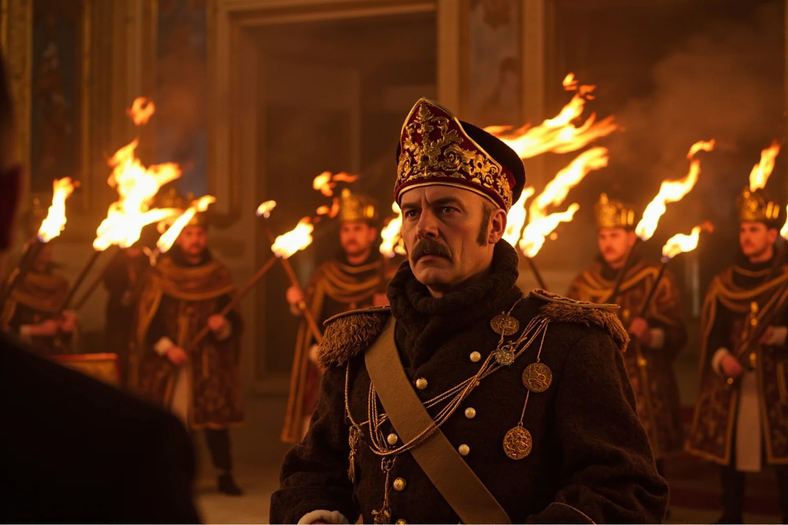 A Russian tsar presiding over a chaotic, torch-lit mock ceremonial gathering in an ornate palace hall
