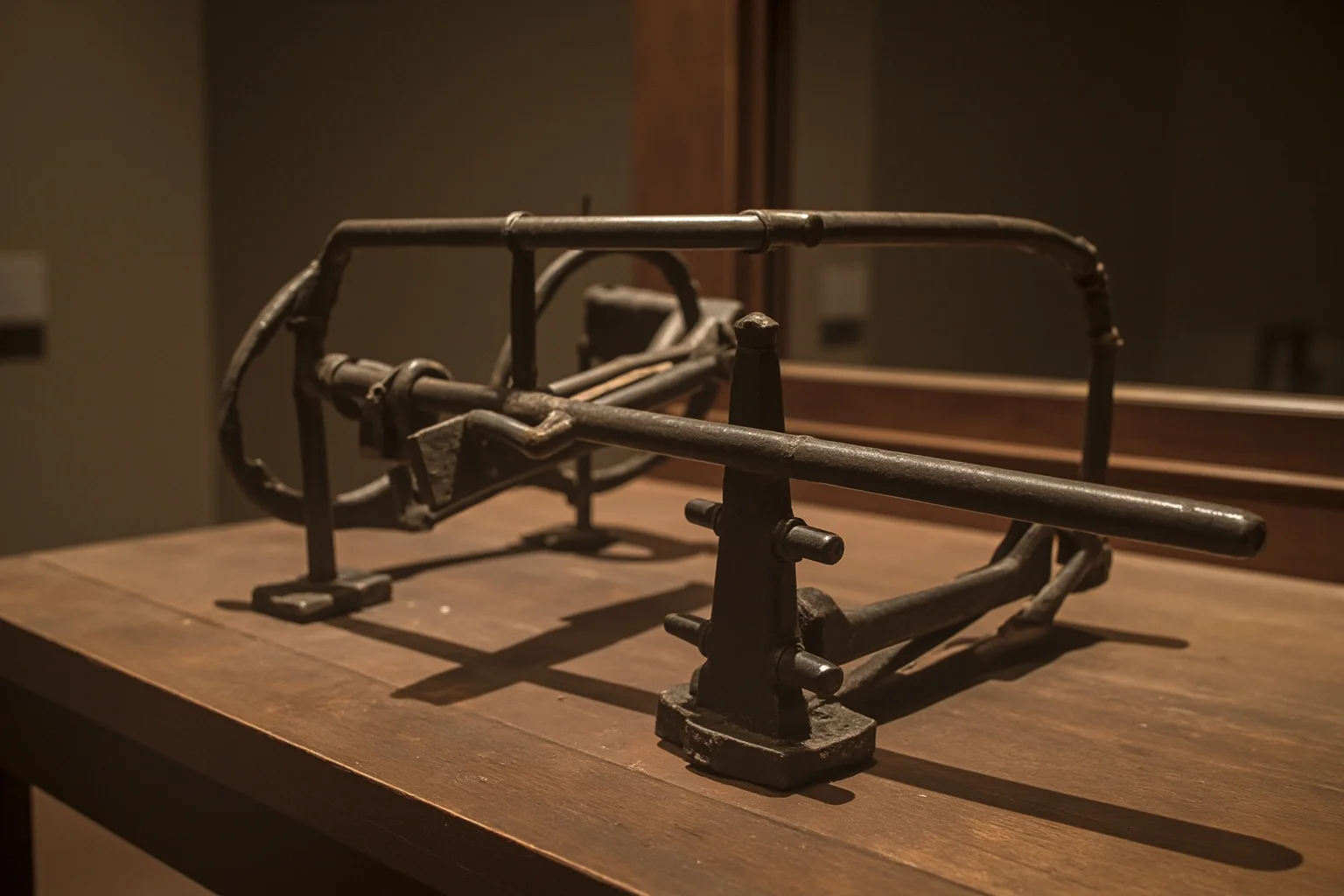 Brutal Forms of Public Humiliation Throughout History 5 A rusted iron scold's bridle device resting on a wooden table, museum-style historical illustration