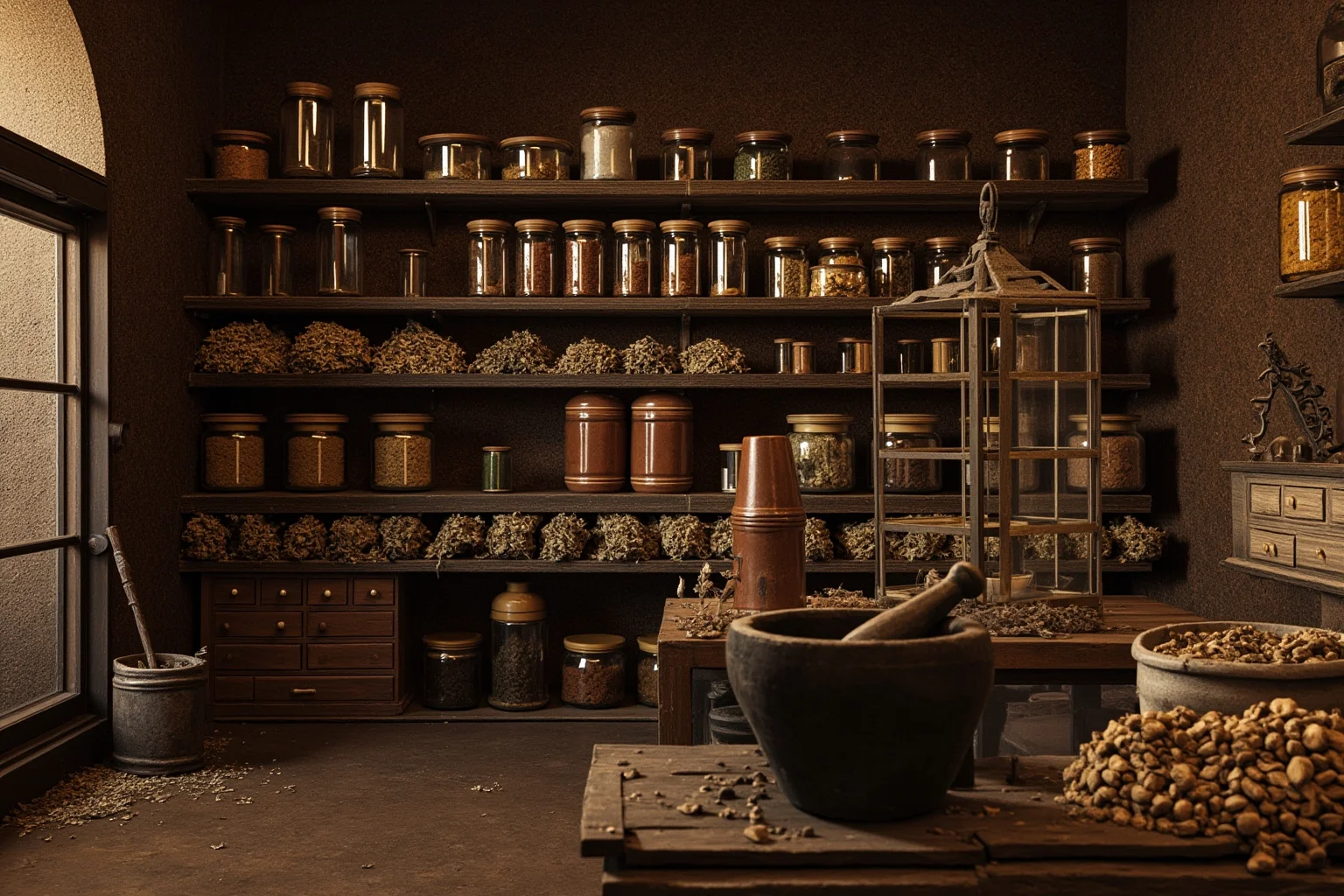 26 Facts About Nostradamus and His Predictions 5 A rustic 16th-century apothecary shop interior with glass jars, dried herbs, and mortar and pestle