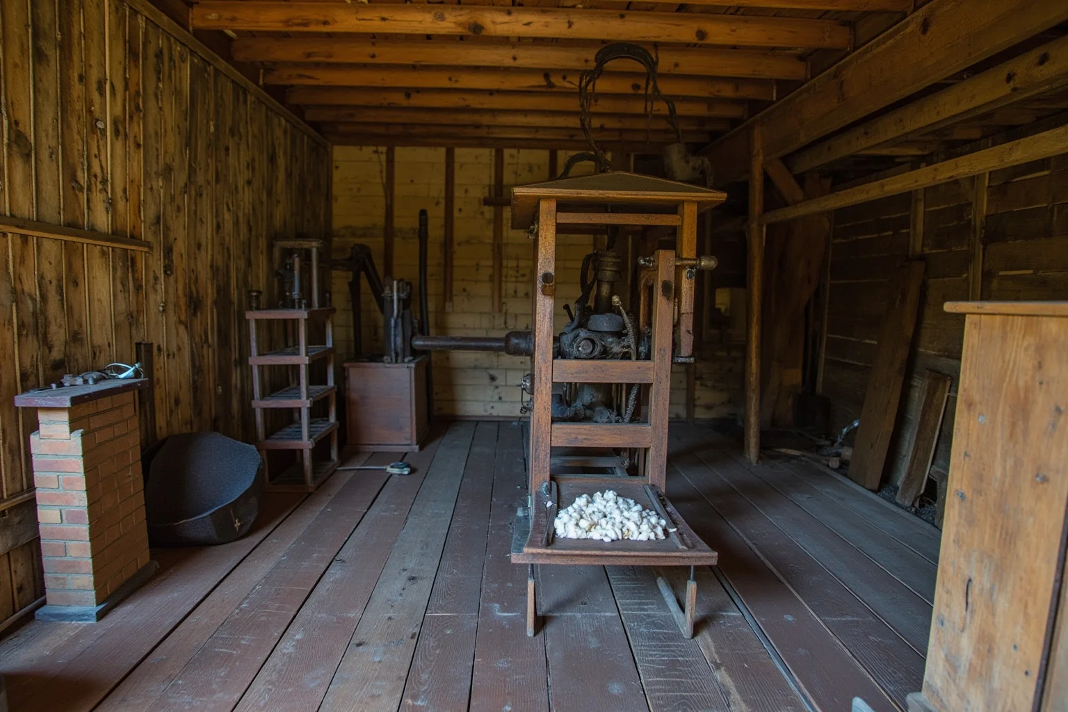 A rustic 1790s mechanical cotton gin device in a wooden barn setting