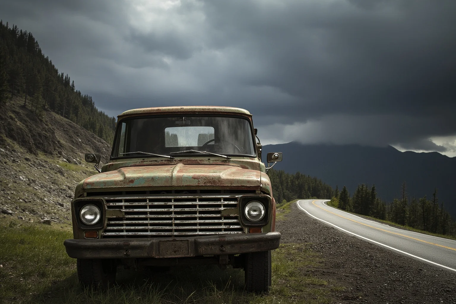 The Human Lightning Rod: The Man Who Was Struck Seven Times 4 A rustic 1960s pickup truck parked on a winding mountain road as a storm approaches in the distance