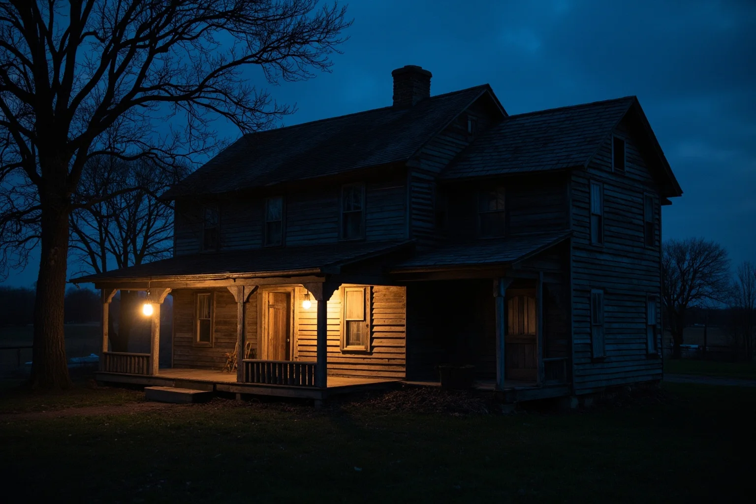 Legendary Cases Involving the Pinkerton Detective Agency 7 A rustic 19th-century farmhouse at dusk with lantern light, evoking a tense frontier raid