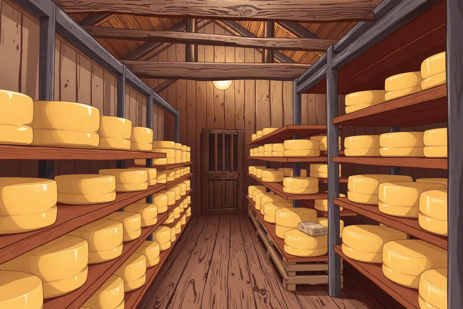 A rustic cheese factory interior with wheels of cheese on wooden shelves, cozy illustration