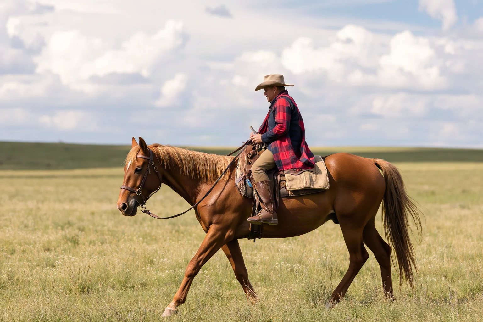 A rustic circuit judge riding a horse across open prairie with saddlebags full of papers