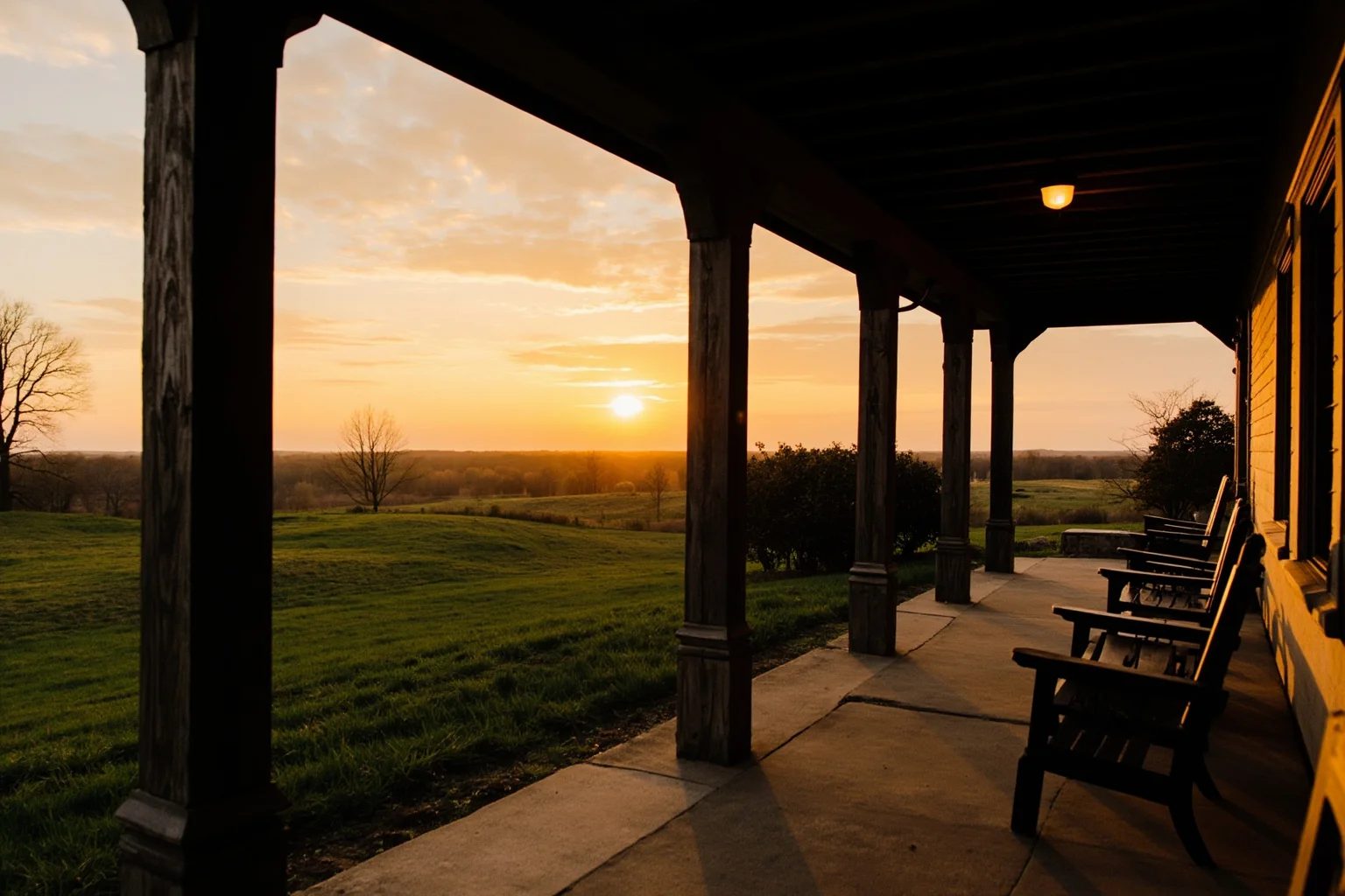 20 Famous Historical Quotes That Were Taken Out of Context 20 A rustic colonial American farmhouse porch overlooking small green fields at sunset, quiet symbolic scene