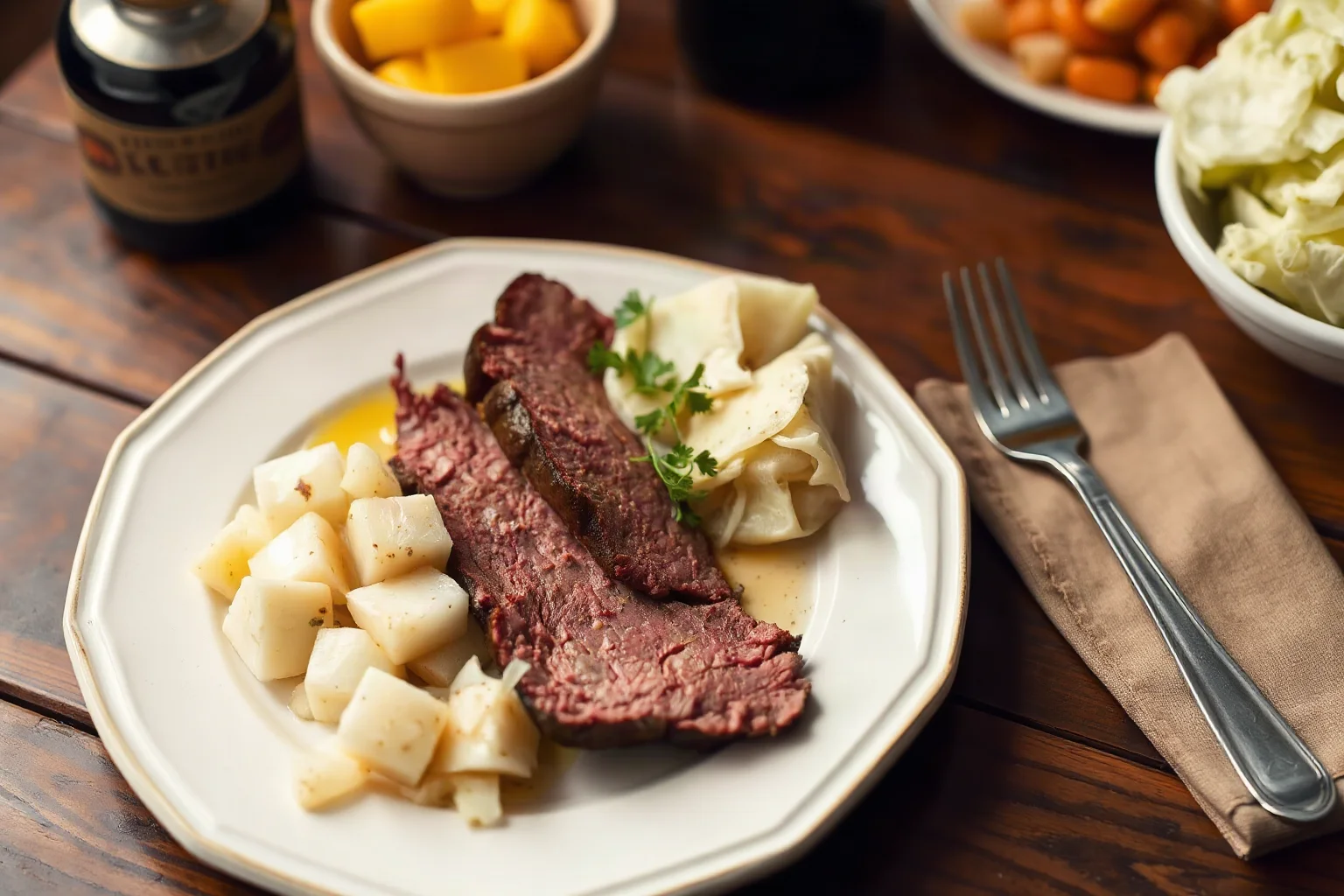 A rustic dinner plate with corned beef and cabbage on a wooden table, symbolizing an Irish-American food tradition