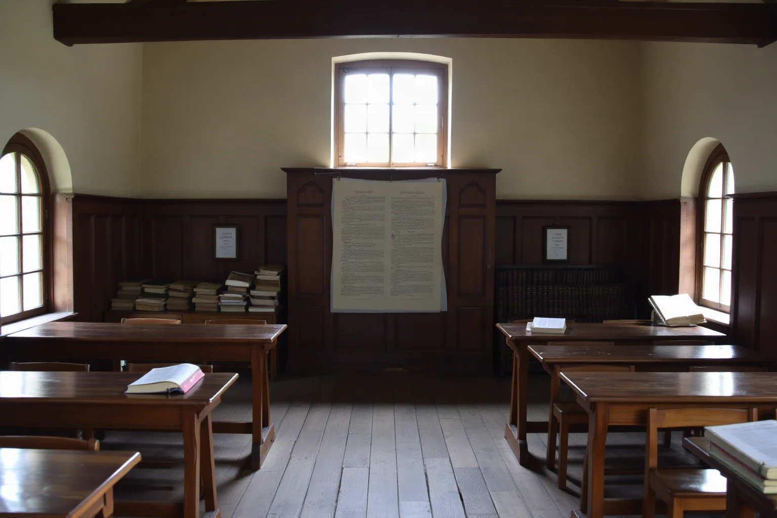 A rustic English grammar school classroom interior with wooden desks and Latin texts