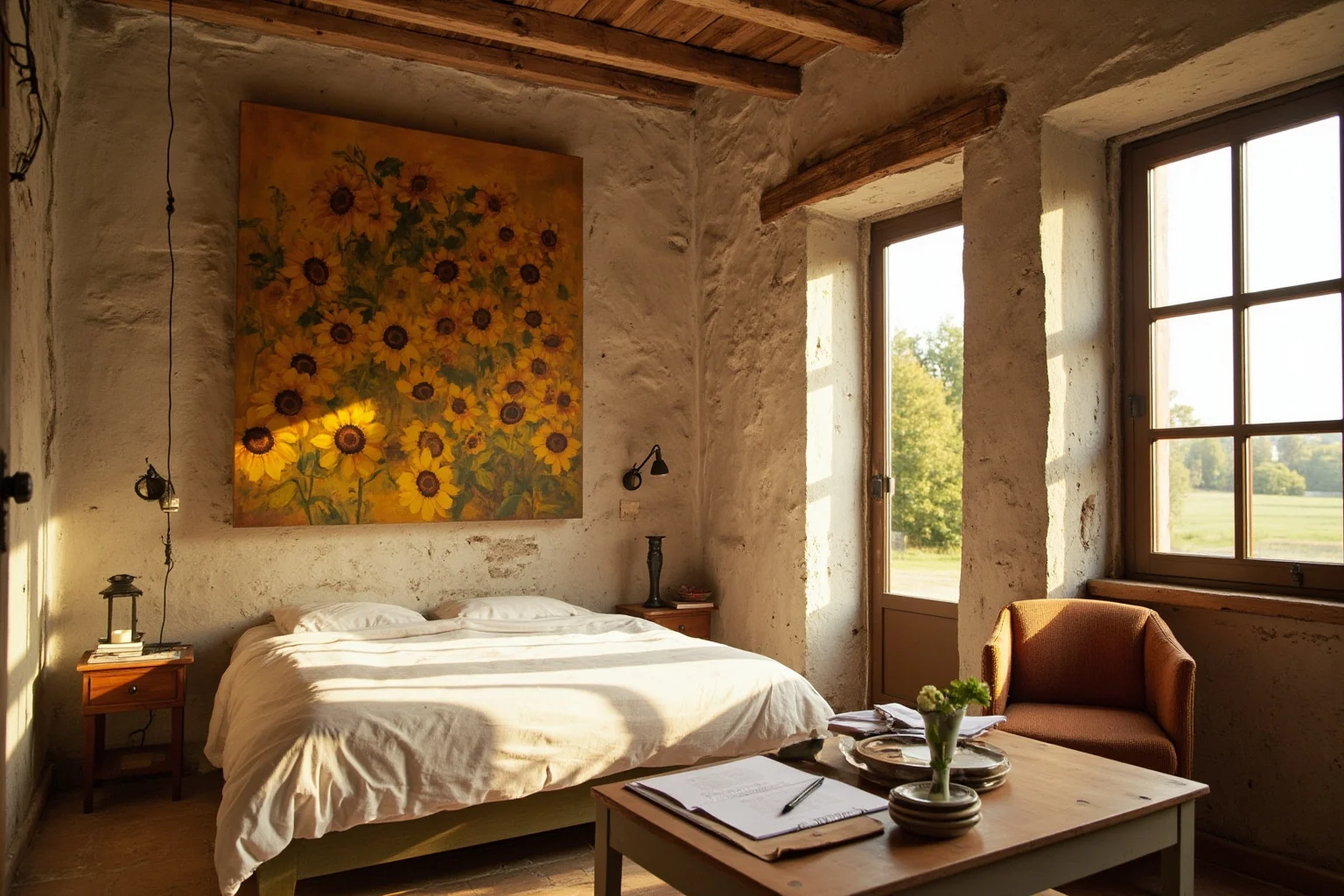 A rustic French countryside bedroom with sunflower paintings on the wall, warm afternoon light