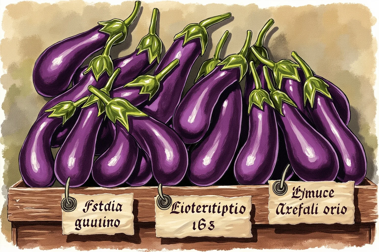 The Strange History Of The Poison Apple 9 A rustic Italian market stall illustration featuring purple eggplants labeled in old script