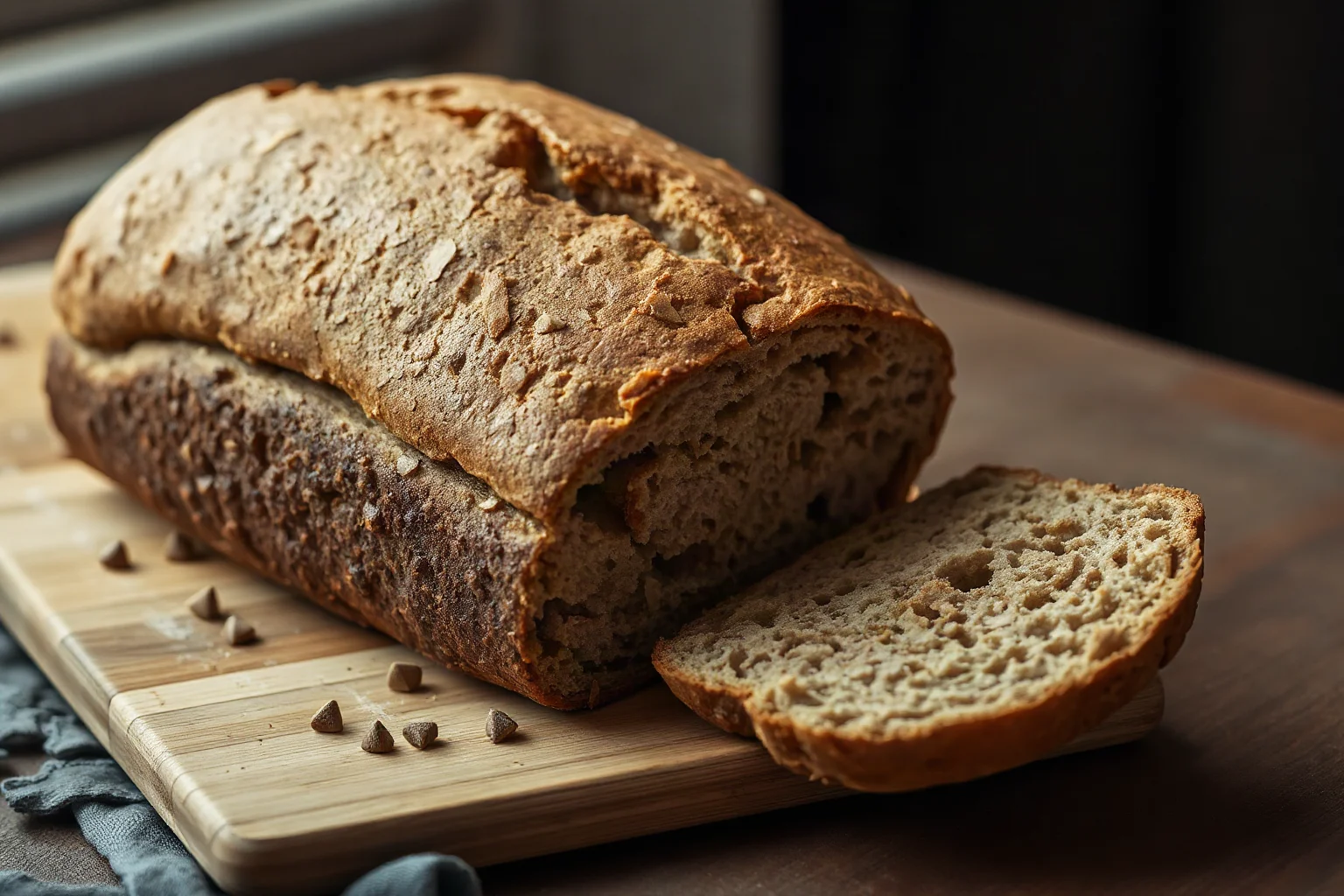 A rustic loaf of dark bread with a rough, coarse texture on a wooden table, symbolizing wartime scarcity