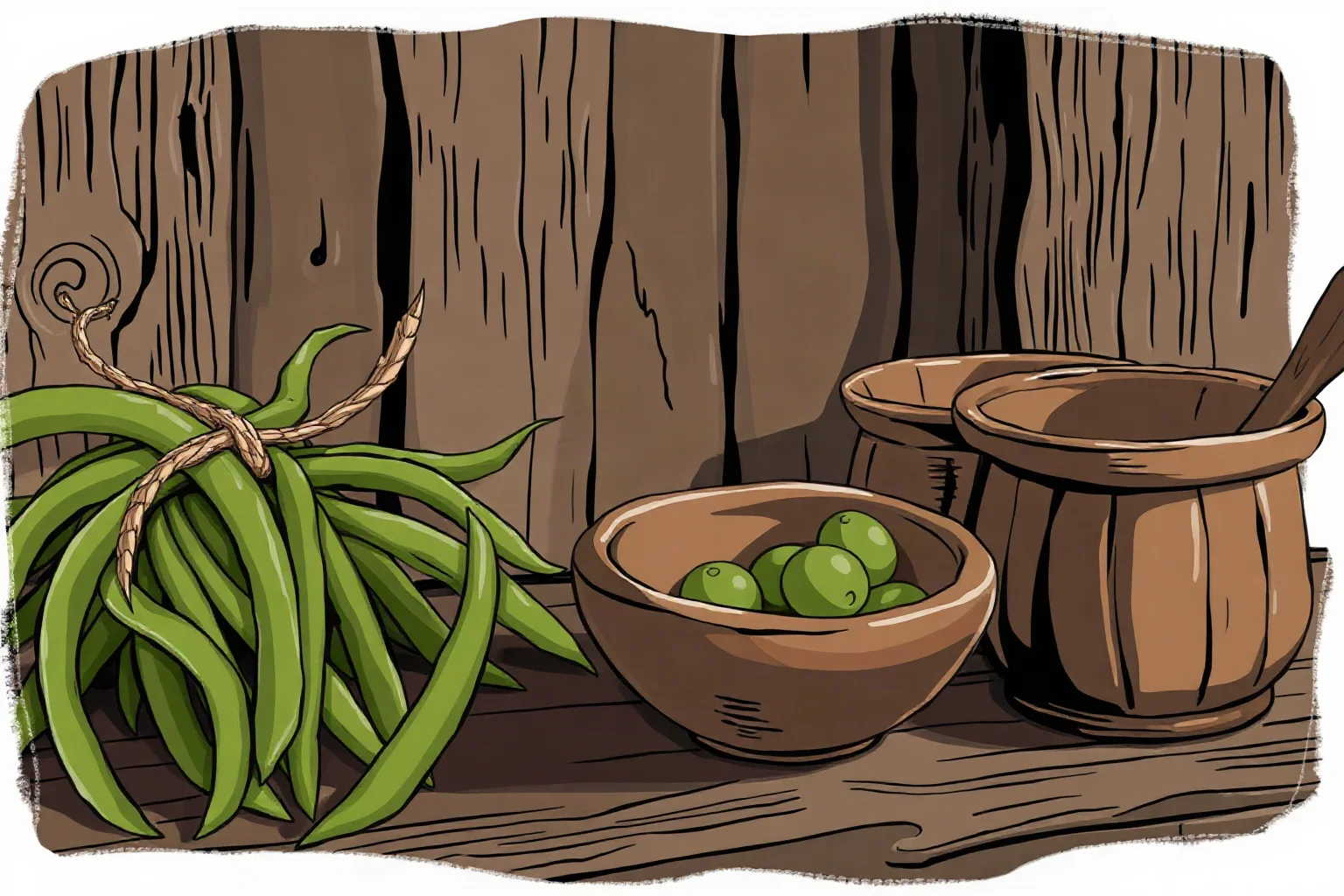 A rustic medieval table set with raw green bean stalks, simple wooden bowls, historical illustration style