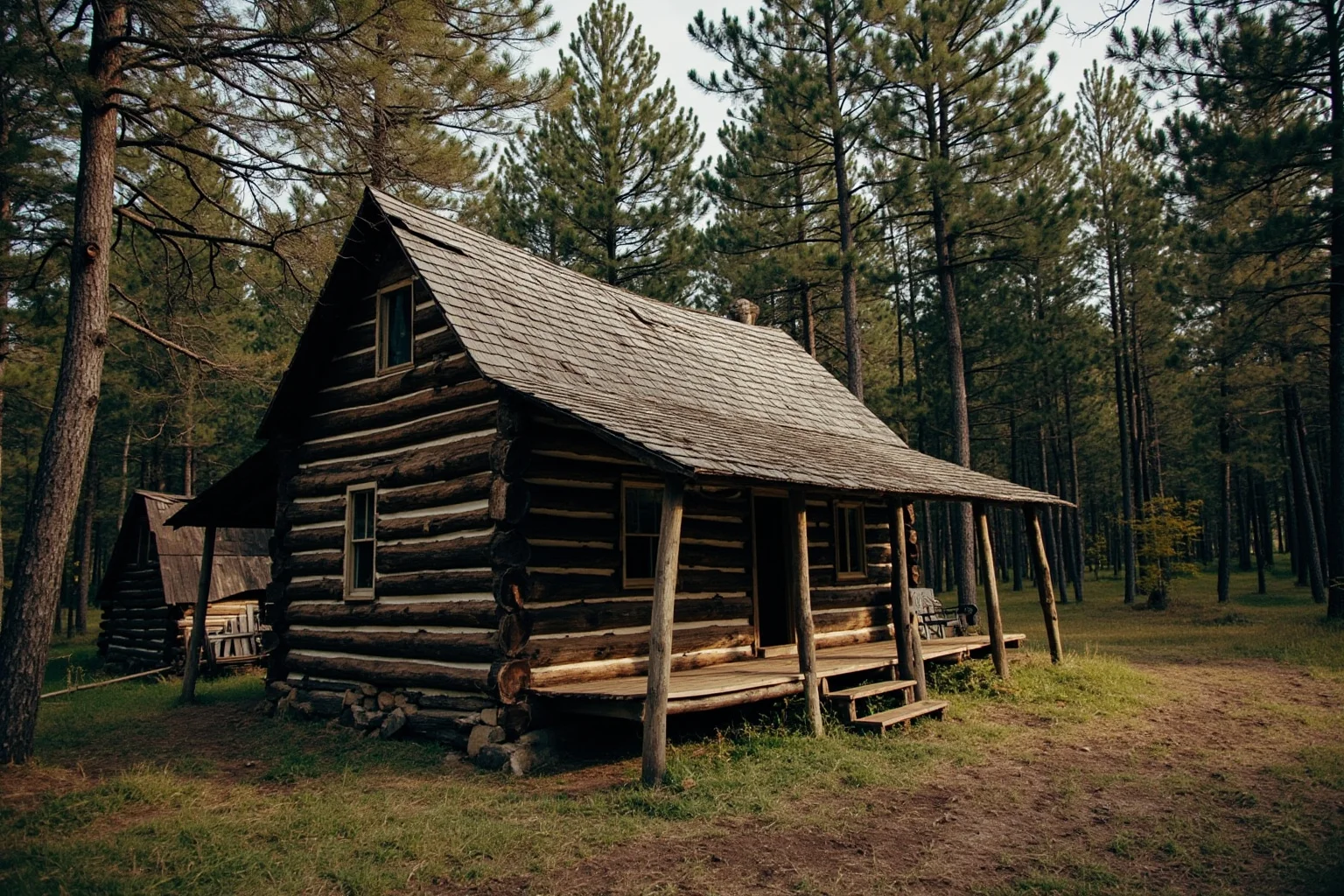 A rustic one-room mountain cabin in the Appalachian hills surrounded by pine trees, evoking a large, poor family