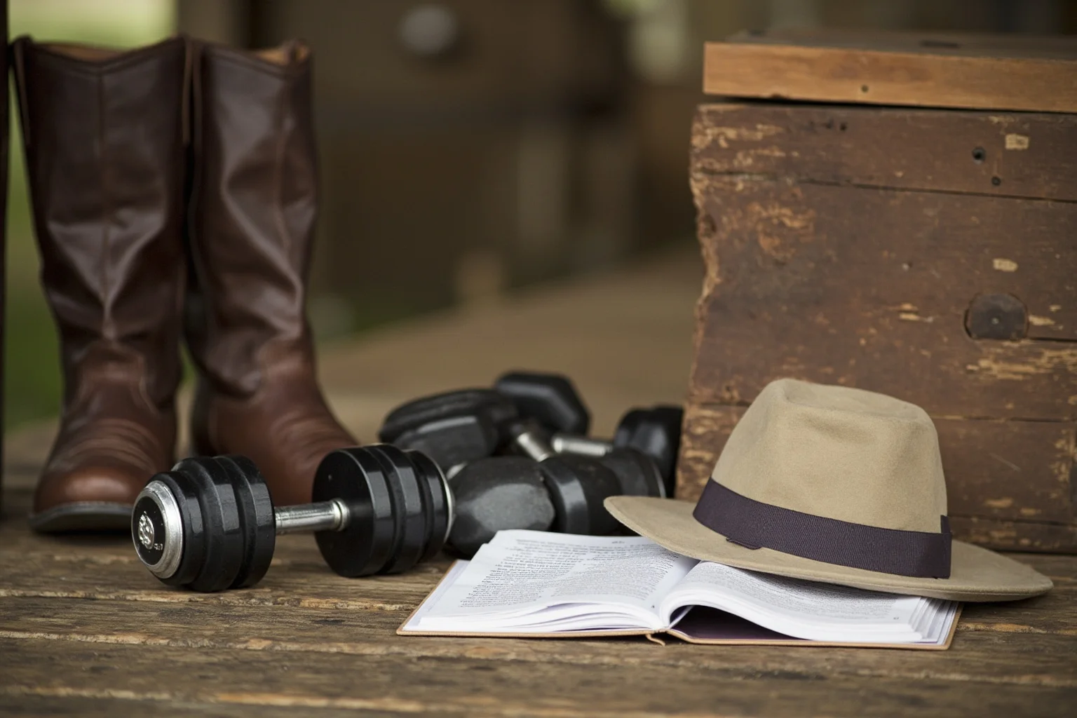 22 of the Greatest Comeback Stories in History 8 A rustic outdoor gymnasium with dumbbells and riding boots beside an open journal and a safari hat