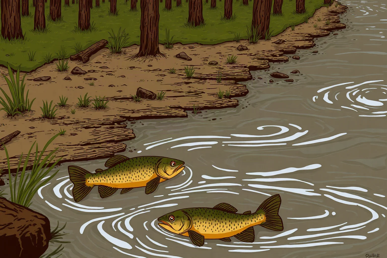 A rustic river scene with catfish swimming near a muddy riverbank, folk-art style illustration