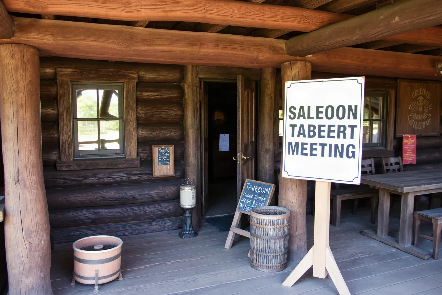 A rustic saloon with a small temperance meeting sign posted near the entrance
