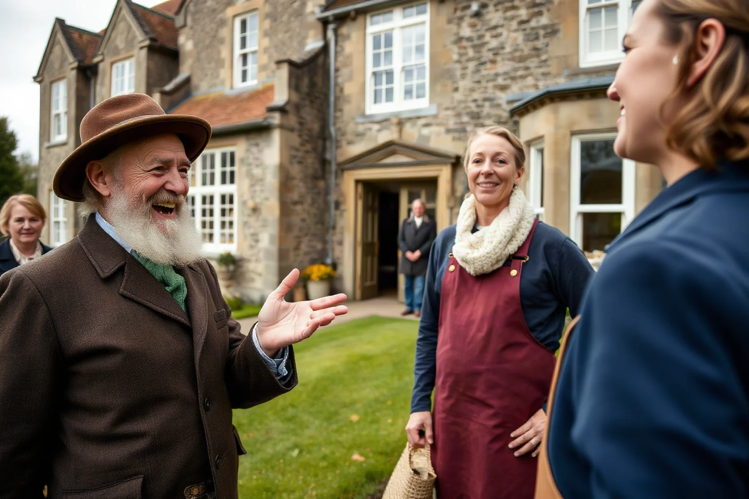 A rustic Scottish estate fool cracking jokes with farmhands outside a stone country manor