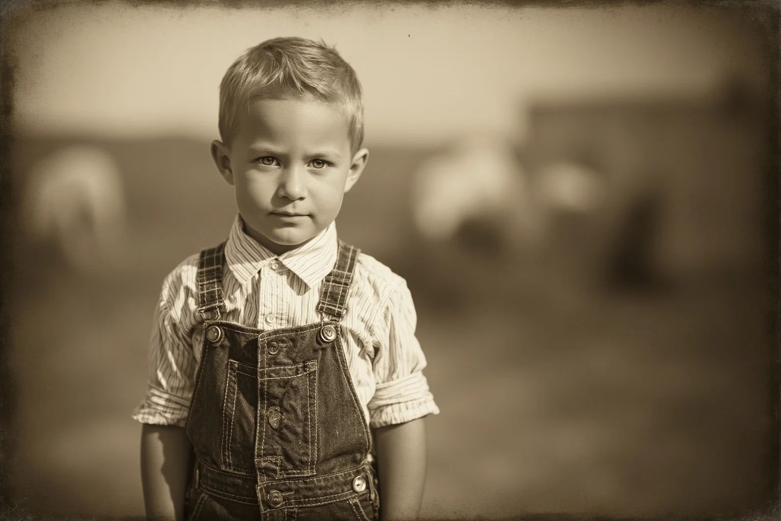 A rustic sepia farm photograph of a young boy in overalls representing an early 1900s rural name