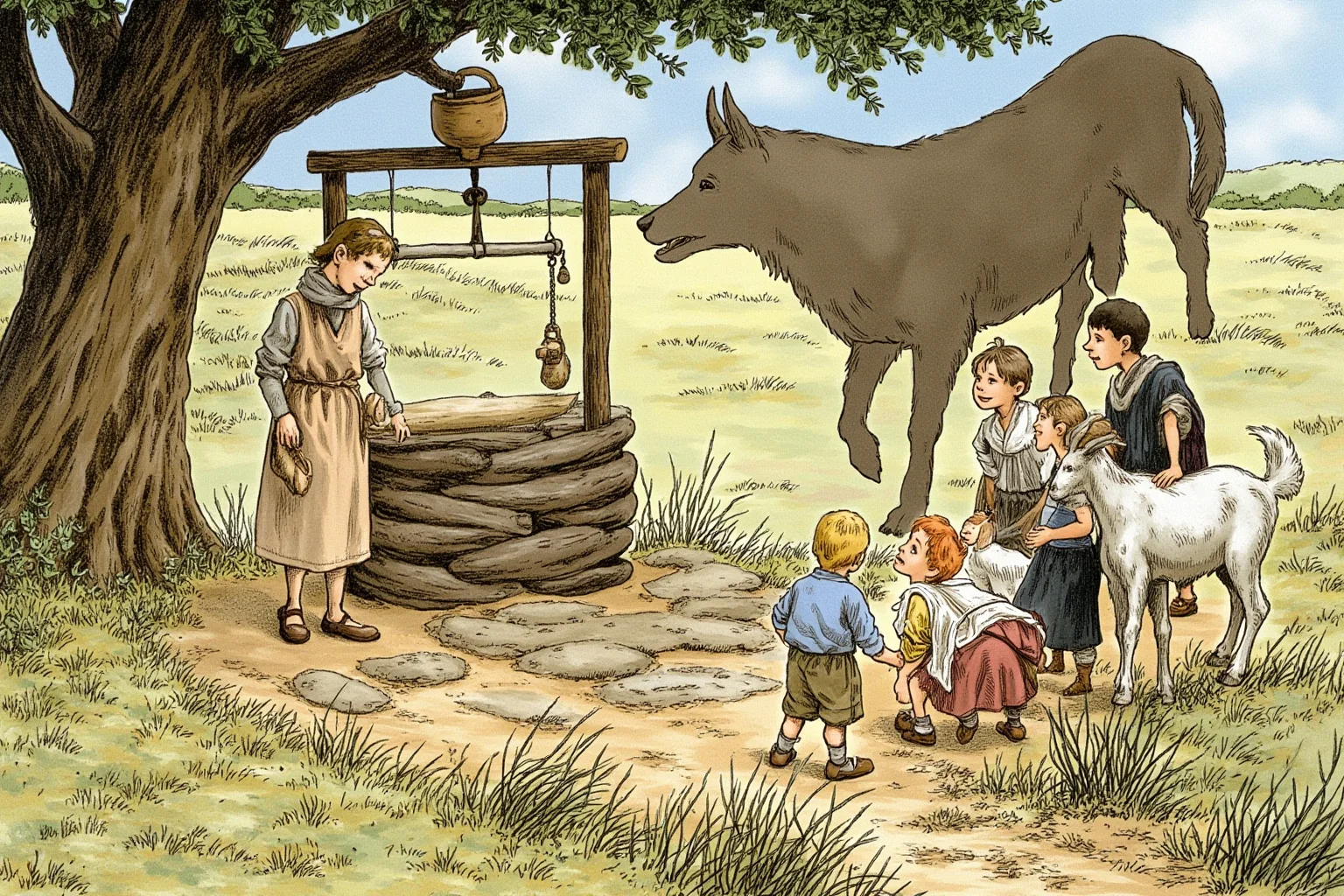 Grim Childhoods Indeed: The 20 Darkest Brothers Grimm Fairy Tales 13 A rustic storybook illustration of a mother goat and seven kids near a well with a wolf's shadow looming