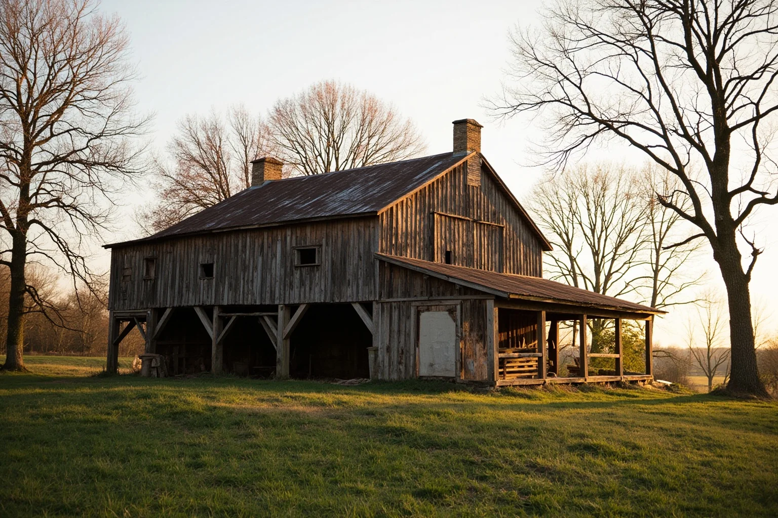 A rustic Virginia farmhouse with a large weathered tobacco barn standing beside it in early morning light