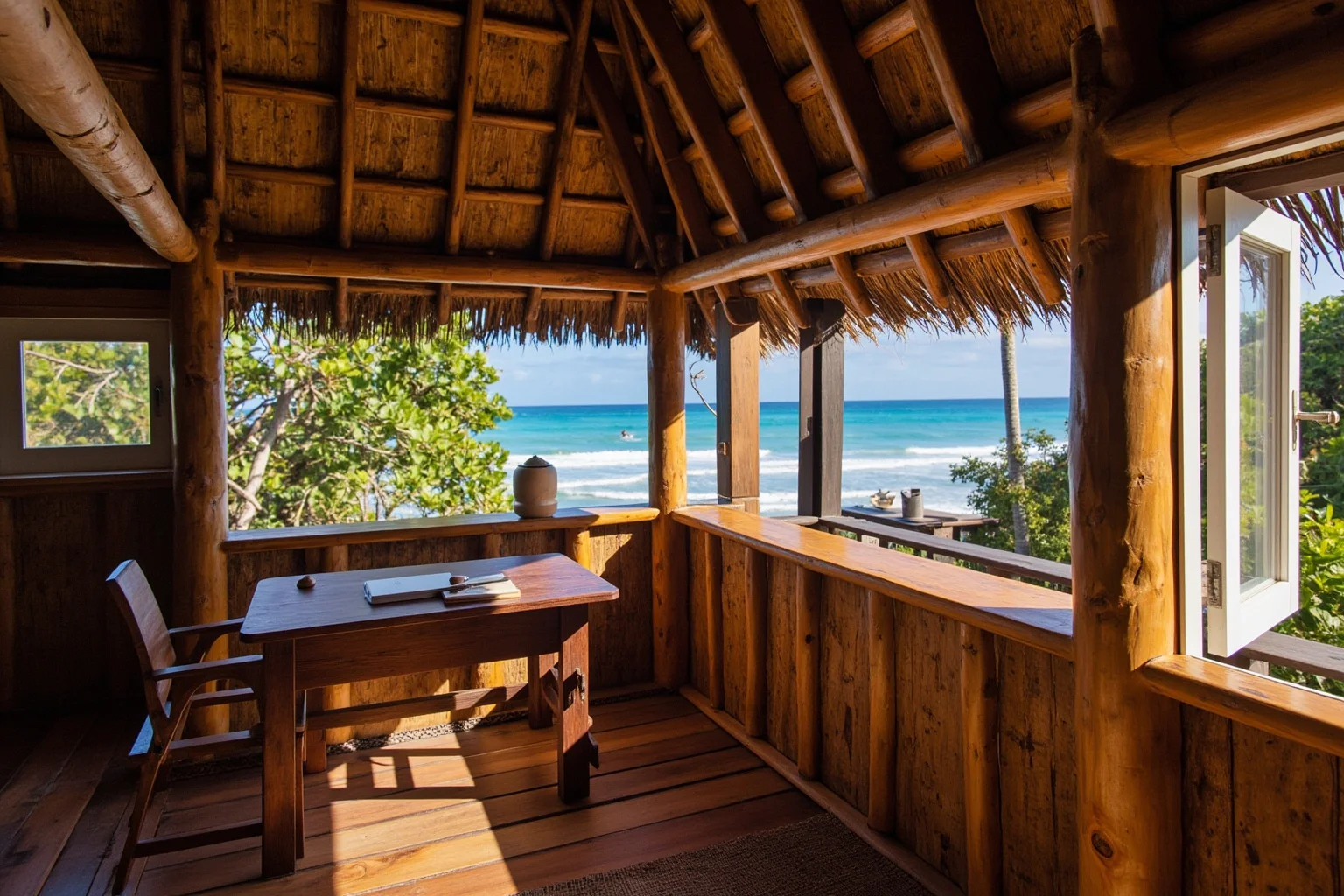 TB or Not TB: 22 Historical Figures Who Contracted Tuberculosis 6 A rustic wooden cottage in the South Pacific with a writer's desk near an open window overlooking the sea