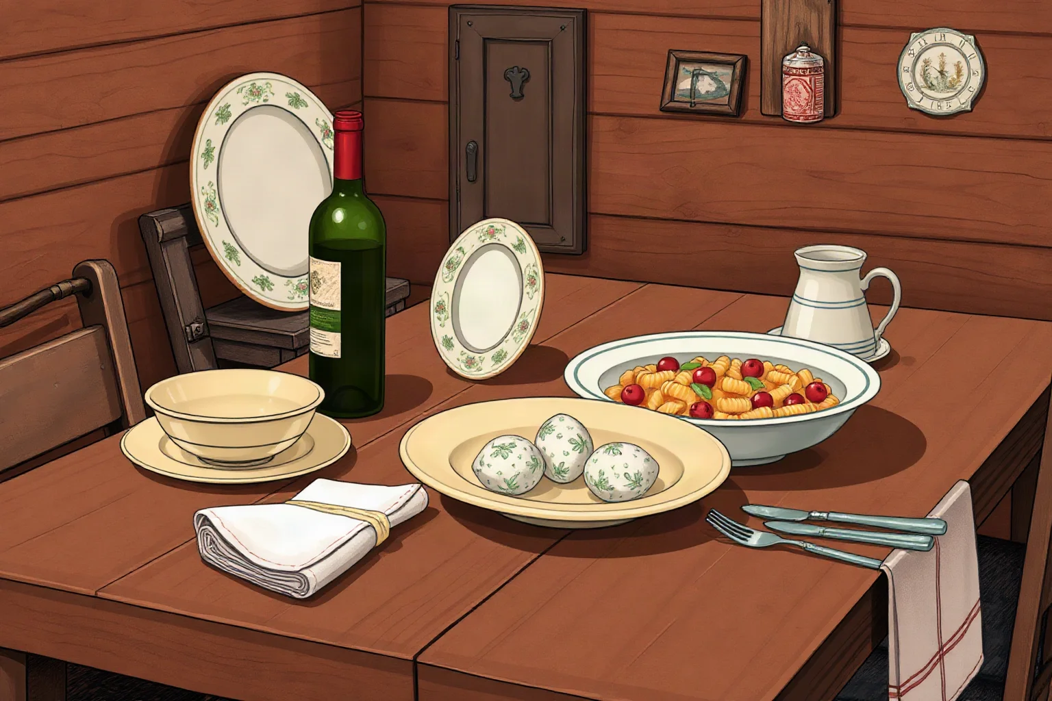 A rustic wooden dining table set with old-fashioned dishes, a wine bottle, and a bowl of pasta, warm historical illustration