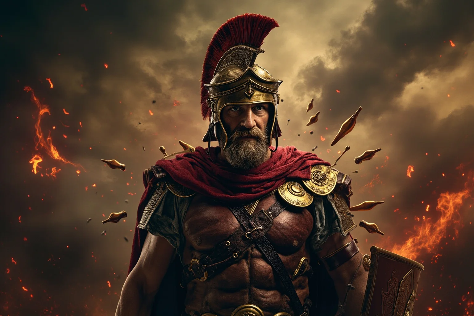 A ruthless Roman emperor in combat gear, internally conflicted and surrounded by symbols of power, displaying manic determination