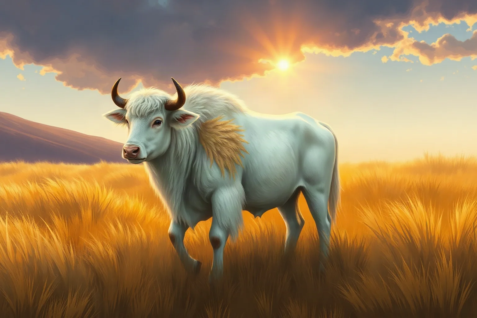 A sacred white buffalo calf standing in golden prairie grass under a glowing sky, folklore illustration style