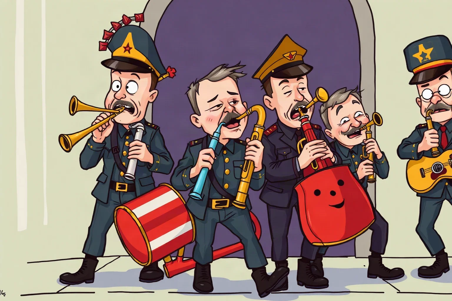 A satirical, cartoonish illustration of a comic military band with kazoos and exaggerated instruments, playful tone