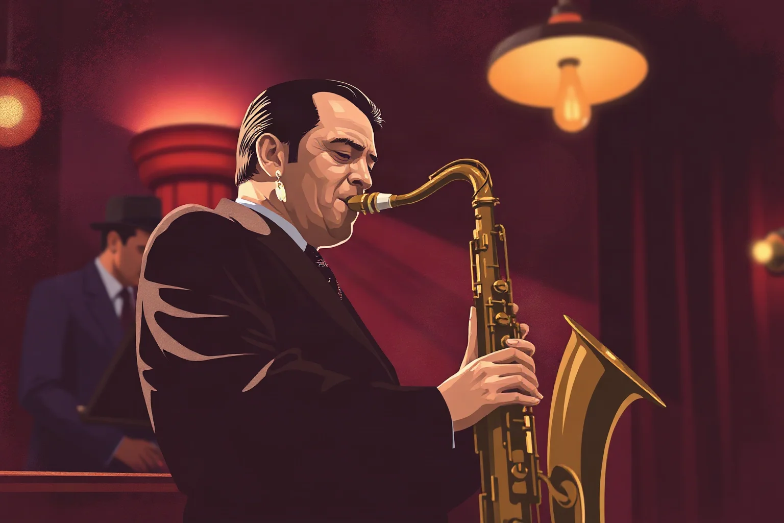 A saxophonist playing an intense solo in a smoky 1940s bebop jazz club, illustration style