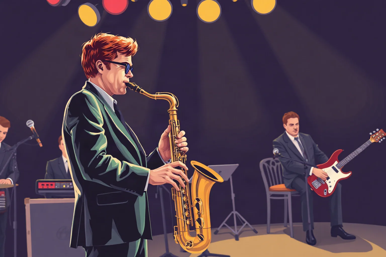 A saxophonist playing soprano sax with a fusion jazz quartet, 1970s stage lighting, illustration style