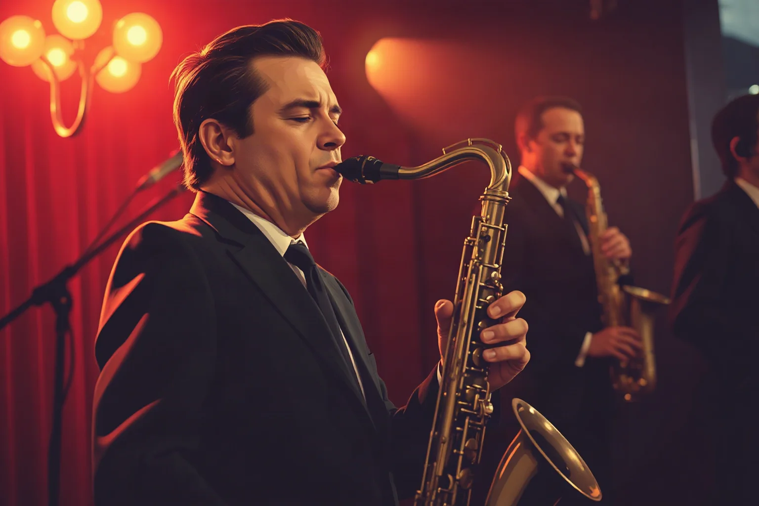 A saxophonist playing with intense focus, eyes closed, on a dim 1960s jazz club stage, illustration