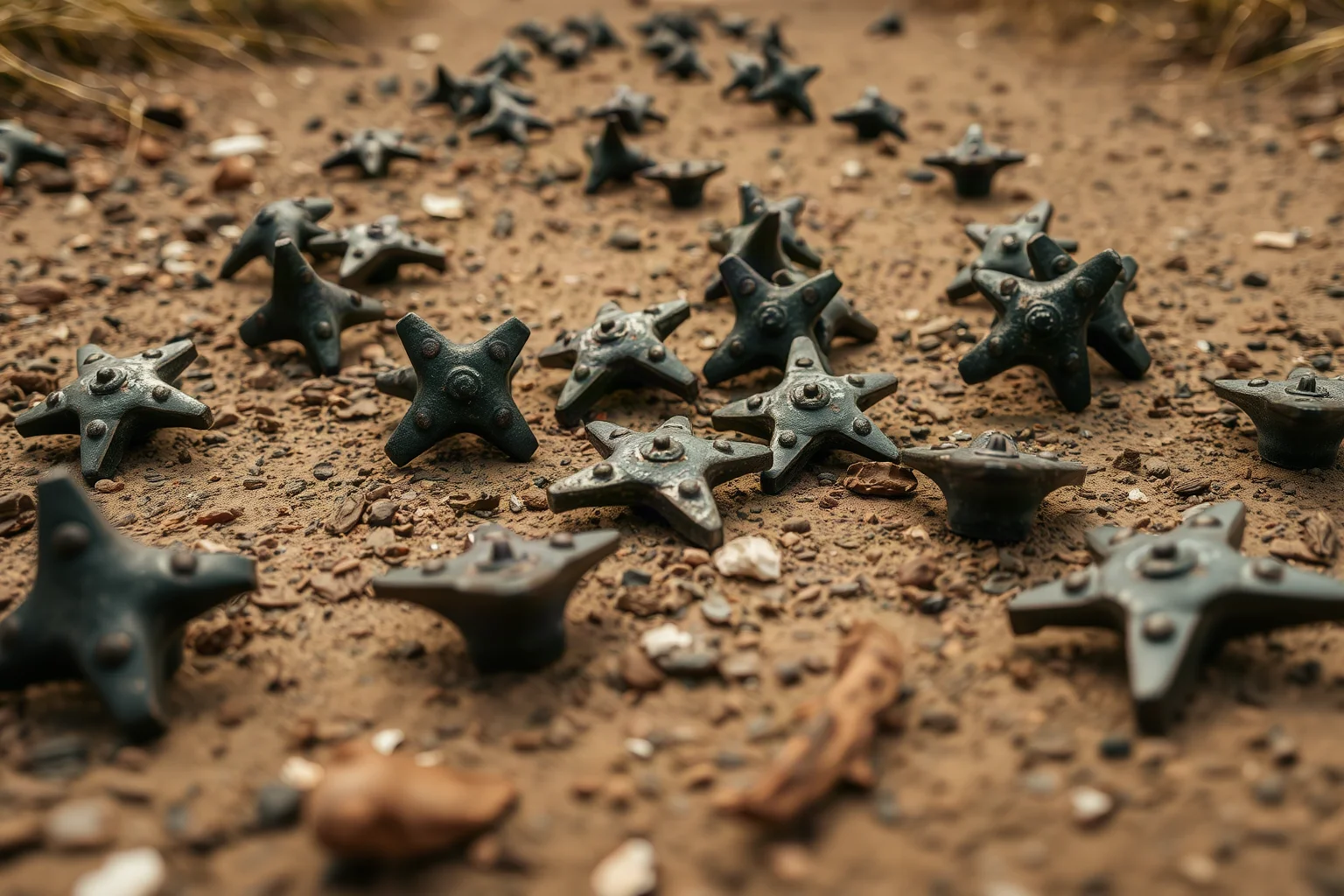 A scattering of ancient four-pointed metal caltrops on a dirt battlefield path, close-up illustration