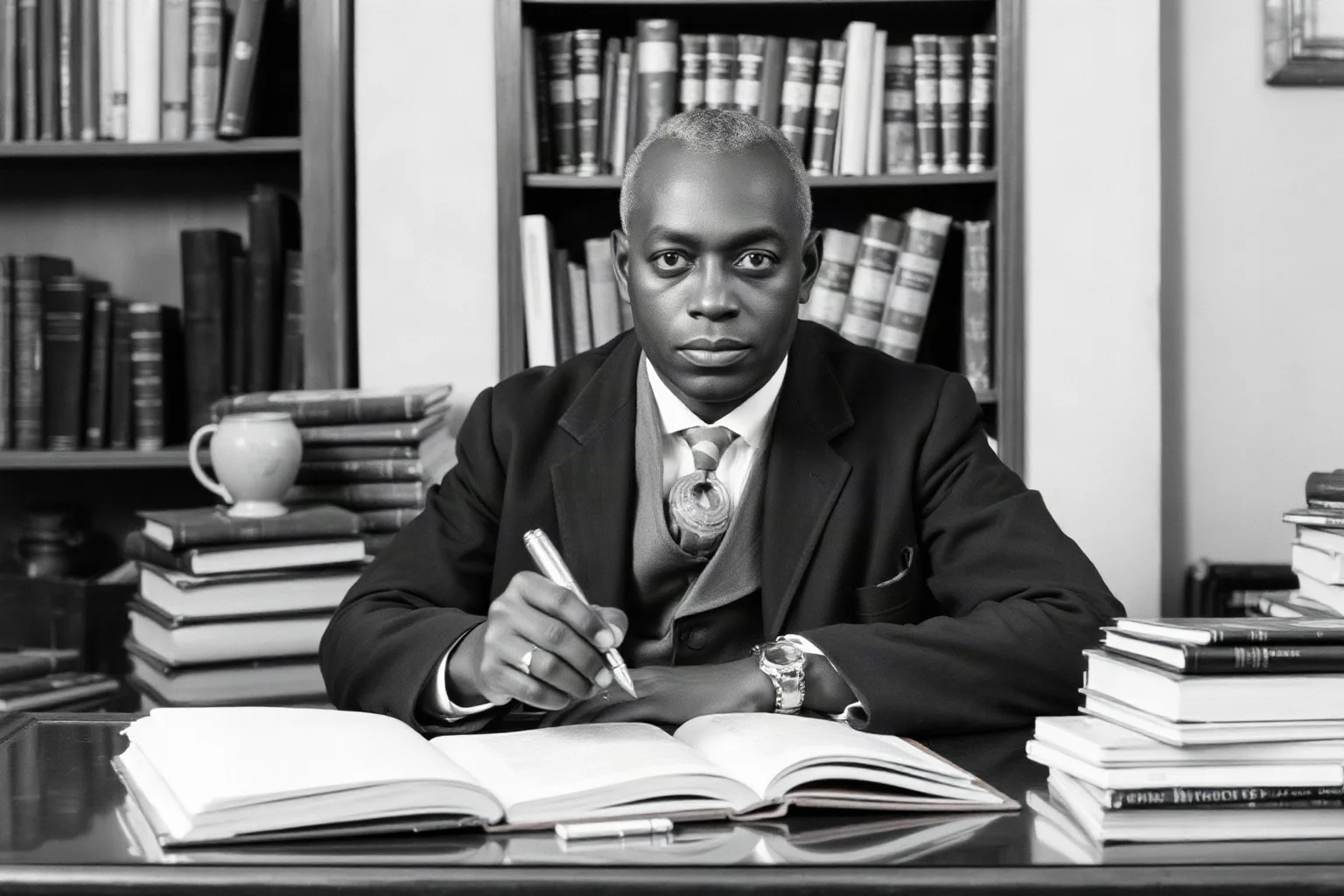 A scholarly Black man in early 20th-century attire seated at a writing desk surrounded by books