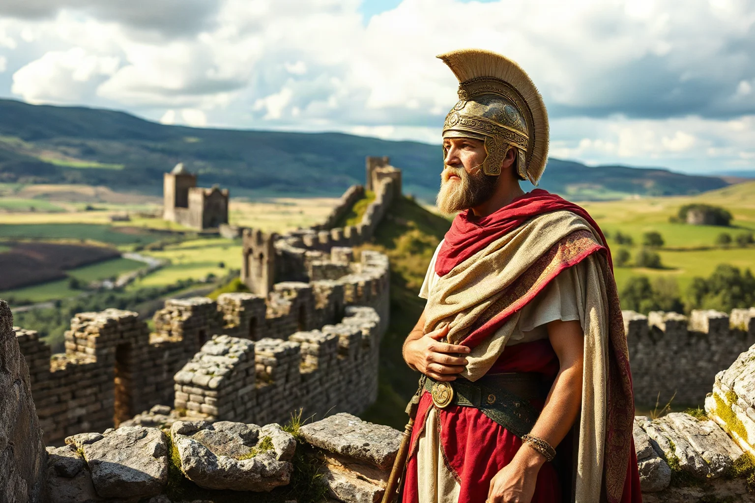 A scholarly Roman emperor inspecting military fortifications and architecture while traveling through provinces, with Hadrian's Wall prominently featured in a northern landscape