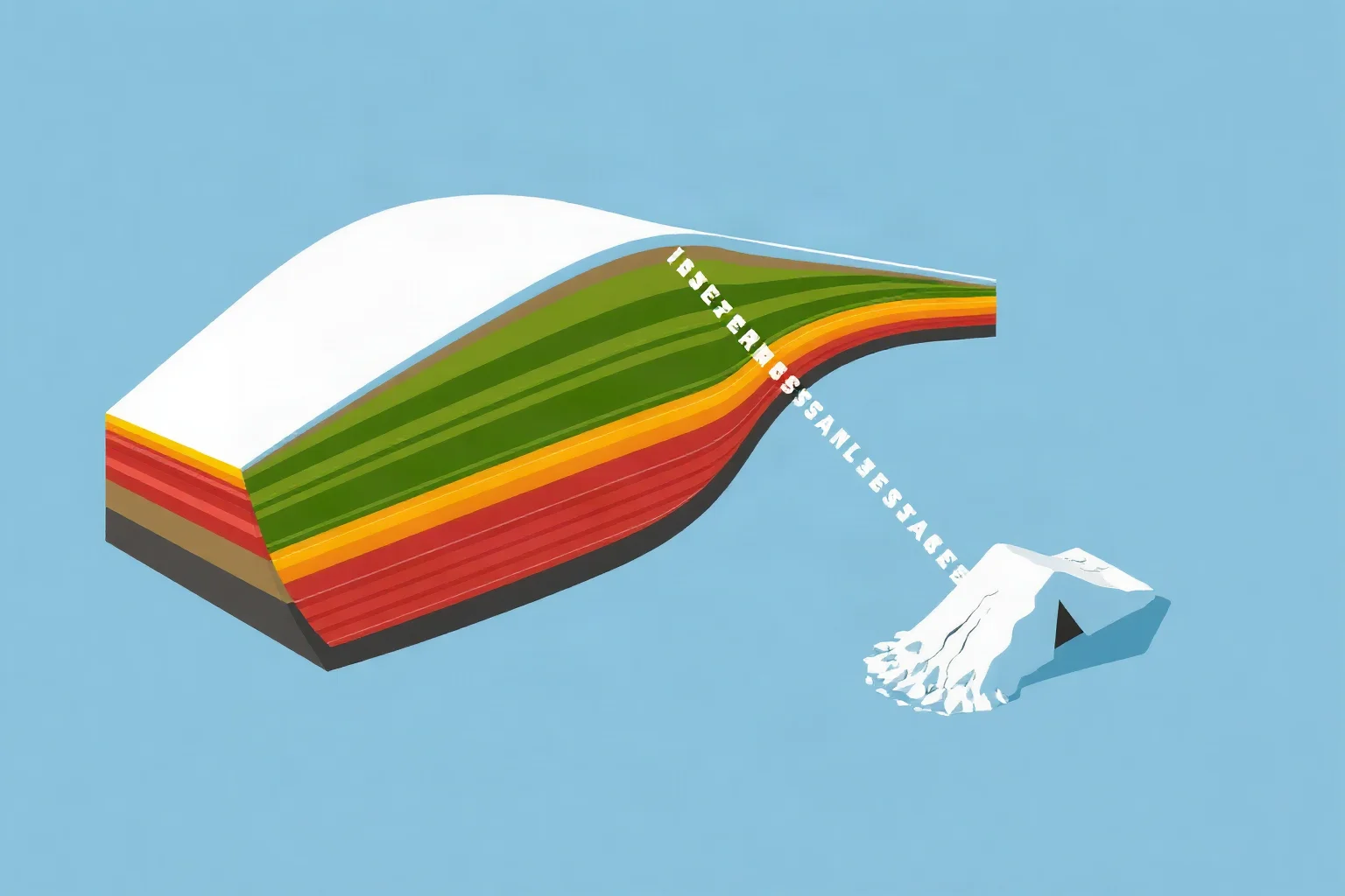 A scientific cross-section illustration of a snow slope showing layered snow slab structure and a small triggered avalanche near a dug-out campsite, educational diagram style