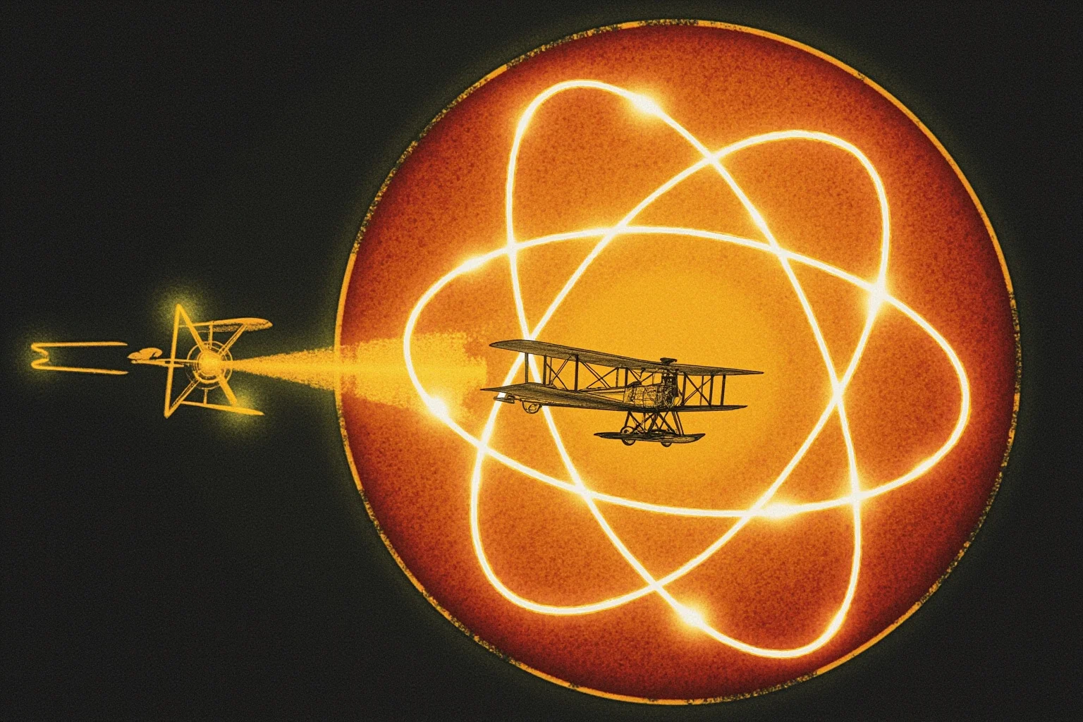 Historical Figures That Were Shockingly Born In The Same Year 19 A scientific illustration blending a glowing atom symbol with an early biplane silhouette, symbolizing radioactivity and powered flight discoveries