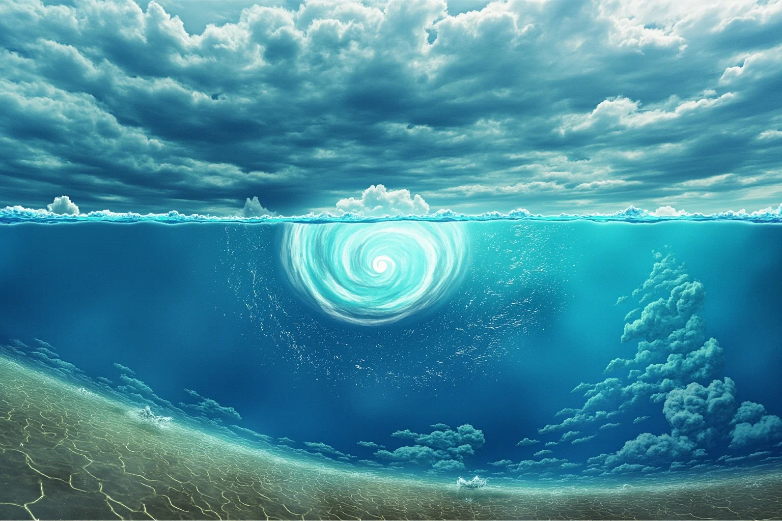 A scientific-style illustration of warm ocean water and swirling clouds forming a tropical depression
