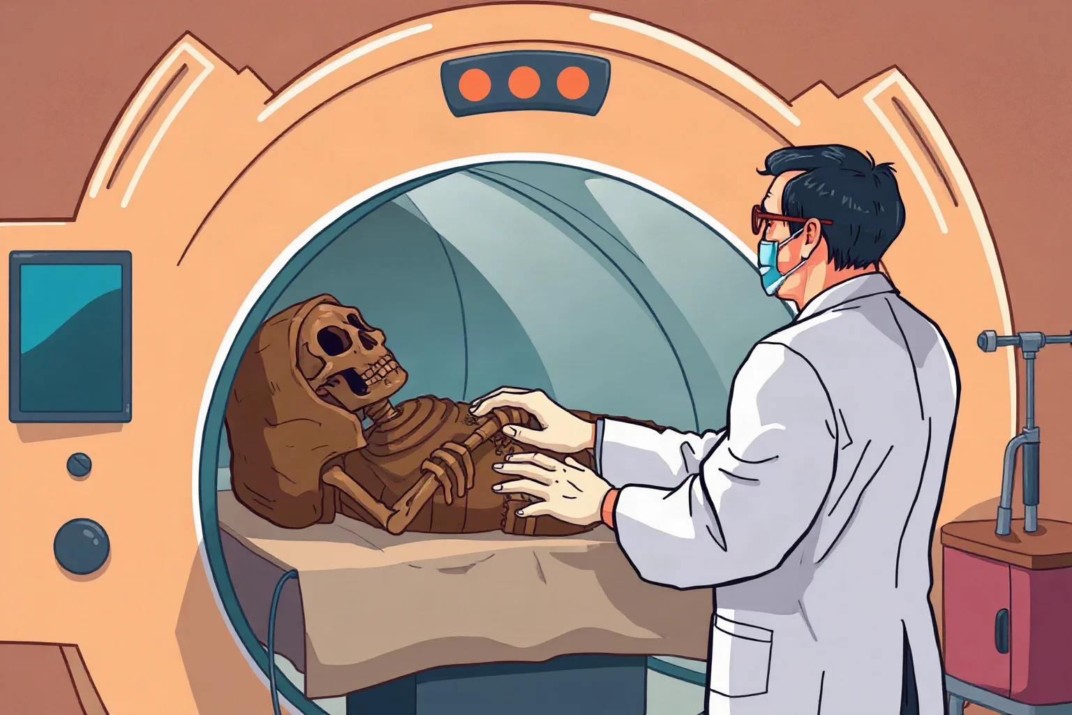 A scientist in a lab coat examining an ancient mummy through a CT scanner, illustrative style