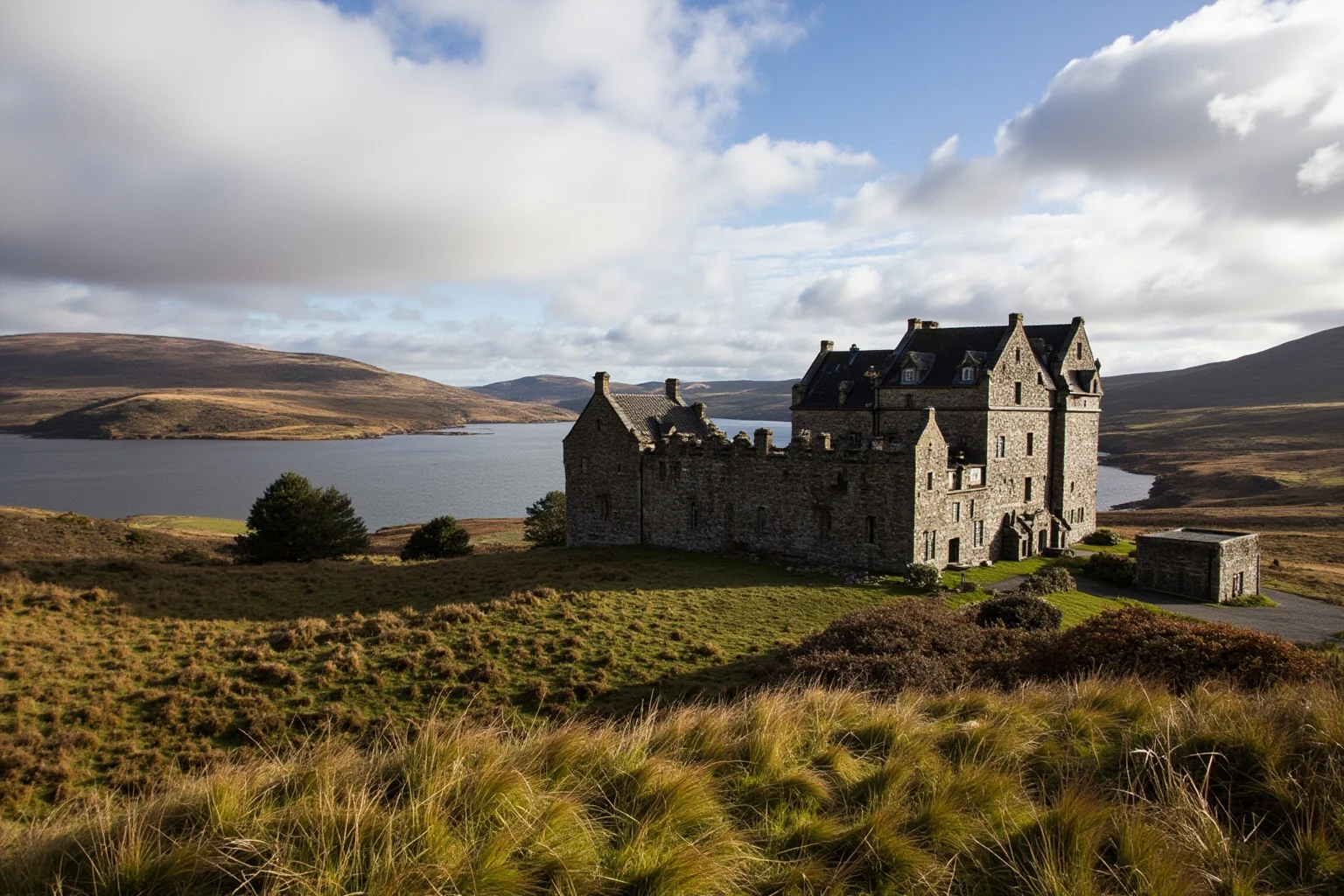 A Scottish Baronial style stone castle nestled among highland hills
