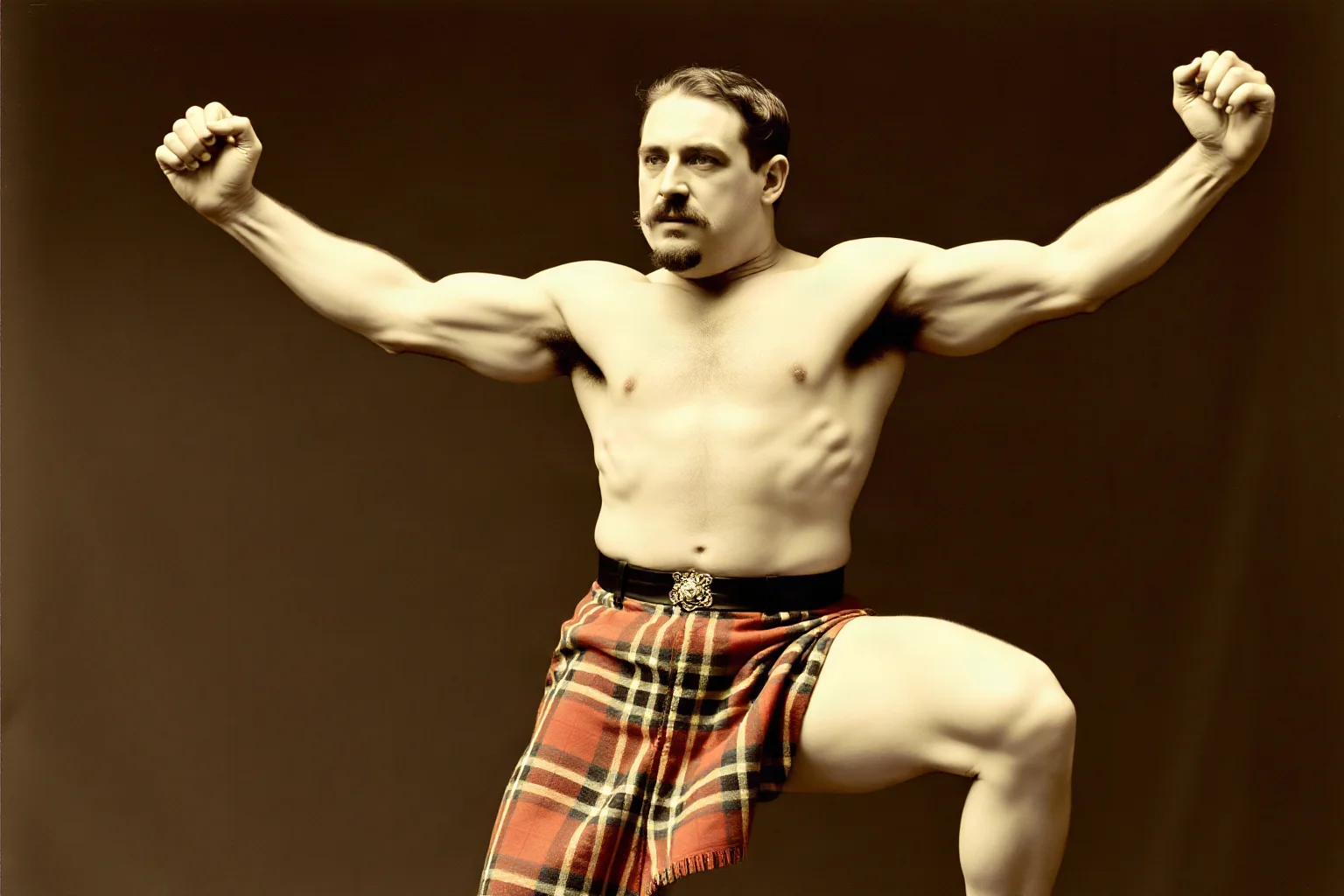 A Scottish-Canadian performer from the 1800s with extraordinary proportional build demonstrating strength feats