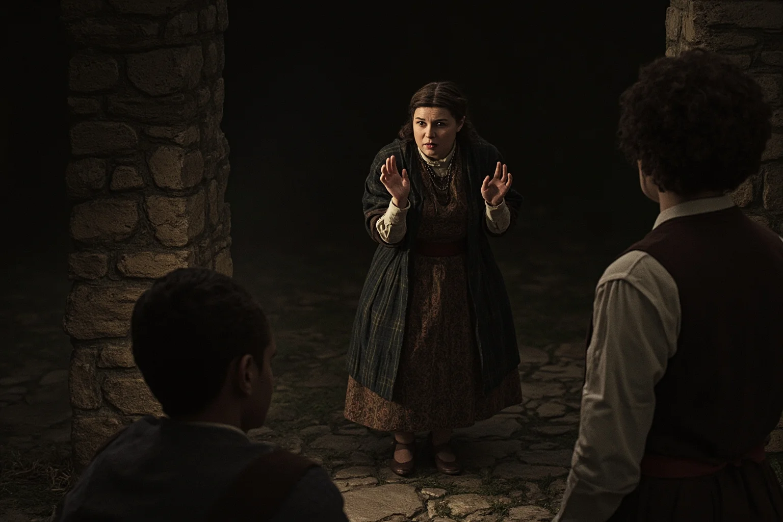 Familiars: The Long, Strange History of the Witch's Animal Companion 17 A Scottish woman in a dim stone cottage speaking before a shadowy gathering, historical folklore illustration